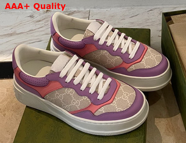 Gucci Womens GG Sneaker White and Beige GG Supreme Canvas Pink and Purple Leather Trim 670408 Replica