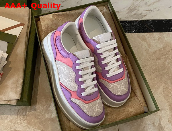 Gucci Womens GG Sneaker White and Beige GG Supreme Canvas Pink and Purple Leather Trim 670408 Replica