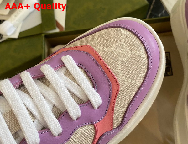 Gucci Womens GG Sneaker White and Beige GG Supreme Canvas Pink and Purple Leather Trim 670408 Replica