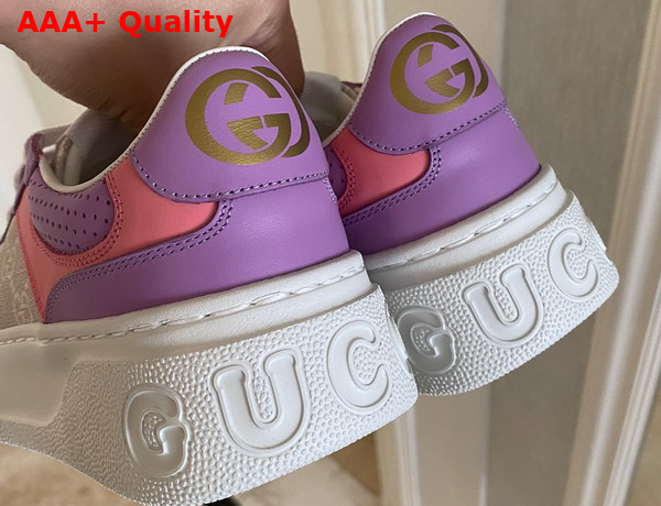 Gucci Womens GG Sneaker White and Beige GG Supreme Canvas Pink and Purple Leather Trim 670408 Replica