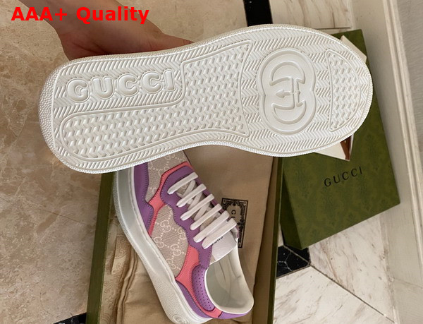 Gucci Womens GG Sneaker White and Beige GG Supreme Canvas Pink and Purple Leather Trim 670408 Replica