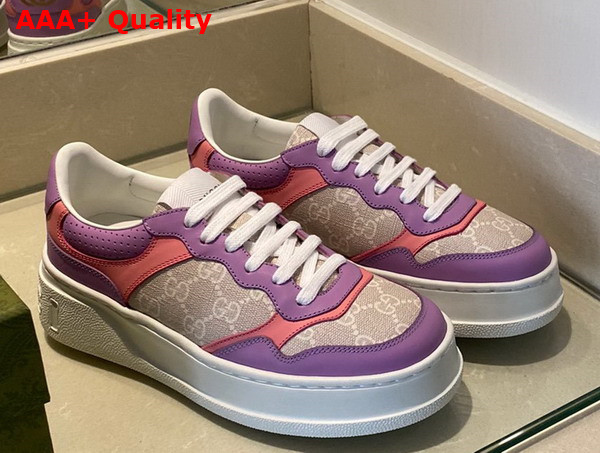 Gucci Womens GG Sneaker White and Beige GG Supreme Canvas Pink and Purple Leather Trim 670408 Replica