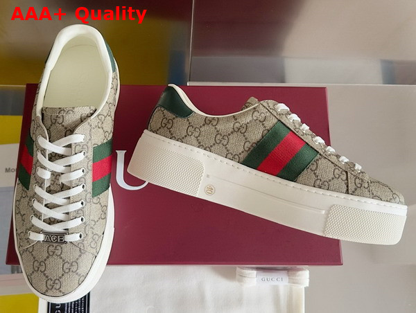 Gucci Womens Gucci Ace Sneaker in Beige and Ebony GG Supreme Canvas with Red and Green Web 791399 Replica