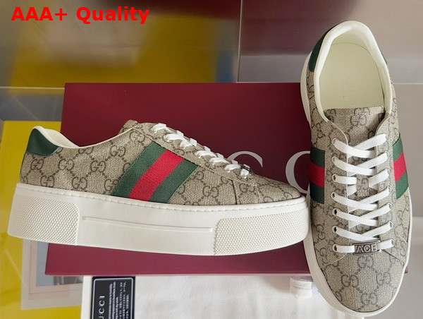 Gucci Womens Gucci Ace Sneaker in Beige and Ebony GG Supreme Canvas with Red and Green Web 791399 Replica