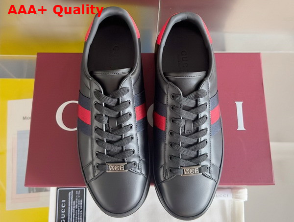 Gucci Womens Gucci Ace Sneaker in Black Leather with Green and Red Web 791399 Replica