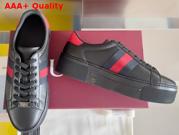 Gucci Womens Gucci Ace Sneaker in Black Leather with Green and Red Web 791399 Replica