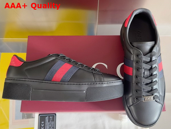 Gucci Womens Gucci Ace Sneaker in Black Leather with Green and Red Web 791399 Replica