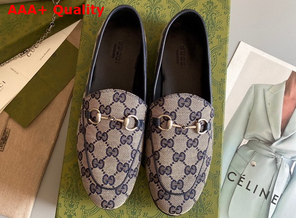 Gucci Womens Gucci Jordaan GG Loafer Beige and Blue Original GG Canvas 693213 Replica