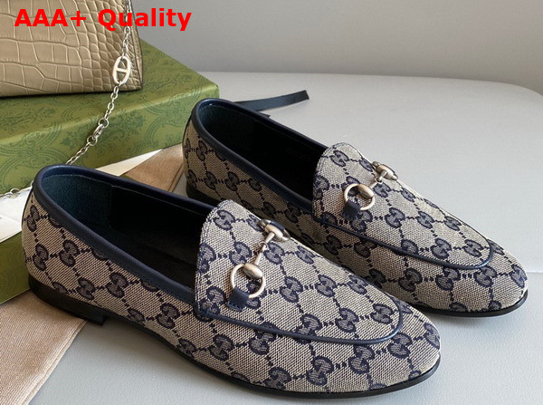 Gucci Womens Gucci Jordaan GG Loafer Beige and Blue Original GG Canvas 693213 Replica