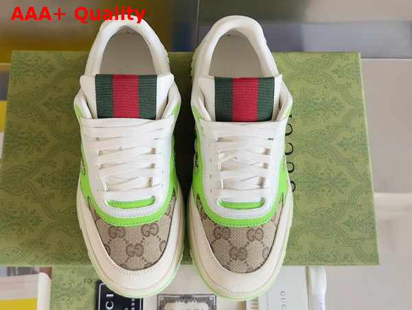 Gucci Womens Gucci Re Web Sneaker in Beige and Ebony Original GG Canvas with Fluorescent Green Leather Trim 785452 Replica