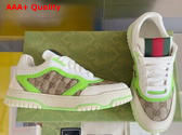 Gucci Womens Gucci Re Web Sneaker in Beige and Ebony Original GG Canvas with Fluorescent Green Leather Trim 785452 Replica