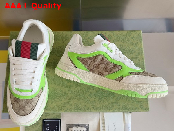 Gucci Womens Gucci Re Web Sneaker in Beige and Ebony Original GG Canvas with Fluorescent Green Leather Trim 785452 Replica