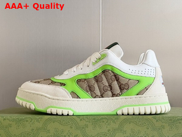 Gucci Womens Gucci Re Web Sneaker in Beige and Ebony Original GG Canvas with Fluorescent Green Leather Trim 785452 Replica