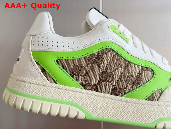 Gucci Womens Gucci Re Web Sneaker in Beige and Ebony Original GG Canvas with Fluorescent Green Leather Trim 785452 Replica