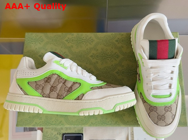 Gucci Womens Gucci Re Web Sneaker in Beige and Ebony Original GG Canvas with Fluorescent Green Leather Trim 785452 Replica