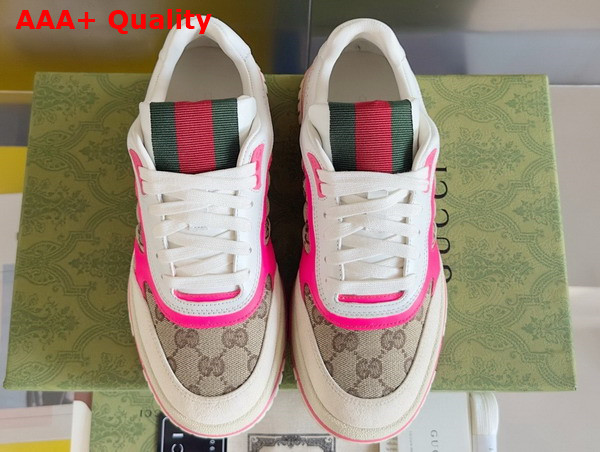 Gucci Womens Gucci Re Web Sneaker in Beige and Ebony Original GG Canvas with Fuchsia Leather Trim 785452 Replica