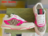 Gucci Womens Gucci Re Web Sneaker in Beige and Ebony Original GG Canvas with Fuchsia Leather Trim 785452 Replica