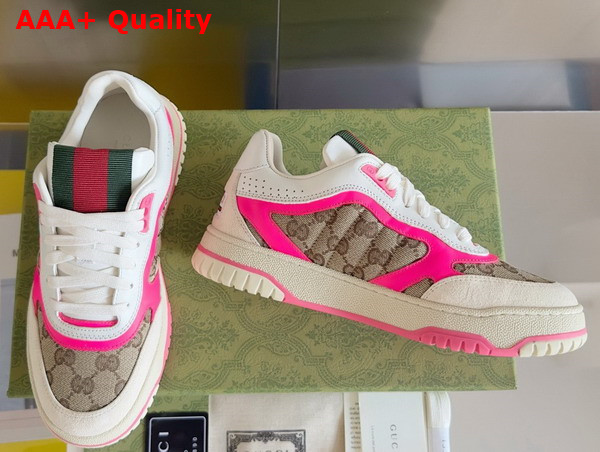 Gucci Womens Gucci Re Web Sneaker in Beige and Ebony Original GG Canvas with Fuchsia Leather Trim 785452 Replica