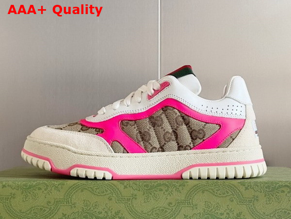 Gucci Womens Gucci Re Web Sneaker in Beige and Ebony Original GG Canvas with Fuchsia Leather Trim 785452 Replica