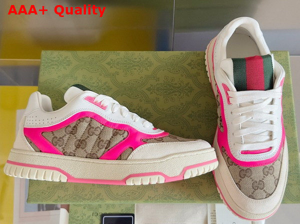 Gucci Womens Gucci Re Web Sneaker in Beige and Ebony Original GG Canvas with Fuchsia Leather Trim 785452 Replica