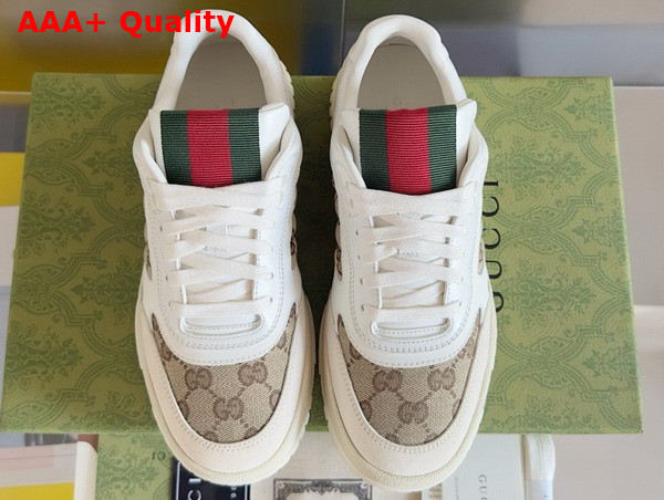 Gucci Womens Gucci Re Web Sneaker in Beige and Ebony Original GG Canvas with White Leather Trim 785452 Replica