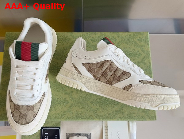 Gucci Womens Gucci Re Web Sneaker in Beige and Ebony Original GG Canvas with White Leather Trim 785452 Replica