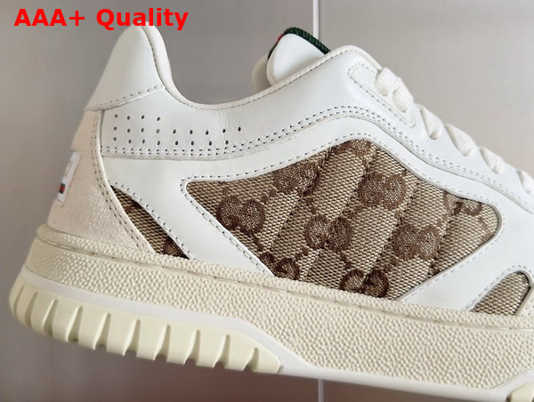 Gucci Womens Gucci Re Web Sneaker in Beige and Ebony Original GG Canvas with White Leather Trim 785452 Replica