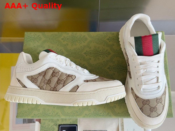 Gucci Womens Gucci Re Web Sneaker in Beige and Ebony Original GG Canvas with White Leather Trim 785452 Replica