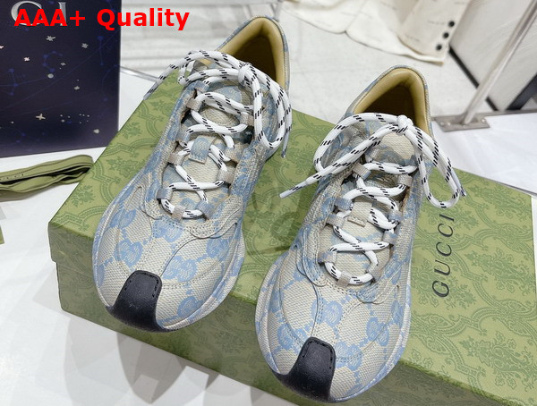 Gucci Womens Gucci Run Sneaker in Beige and Blue Leather with GG Water Transfer Print Replica