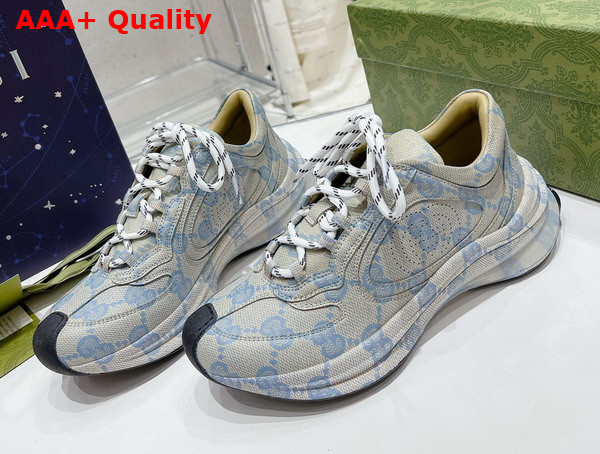 Gucci Womens Gucci Run Sneaker in Beige and Blue Leather with GG Water Transfer Print Replica