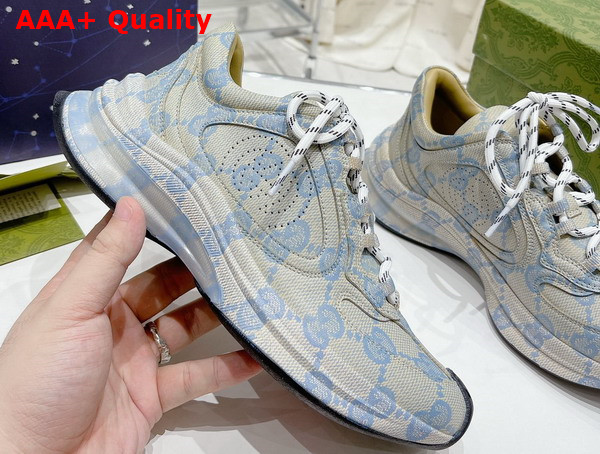 Gucci Womens Gucci Run Sneaker in Beige and Blue Leather with GG Water Transfer Print Replica