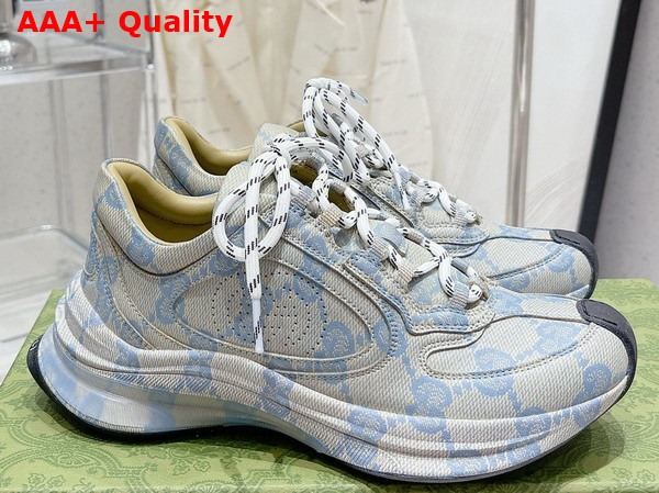 Gucci Womens Gucci Run Sneaker in Beige and Blue Leather with GG Water Transfer Print Replica