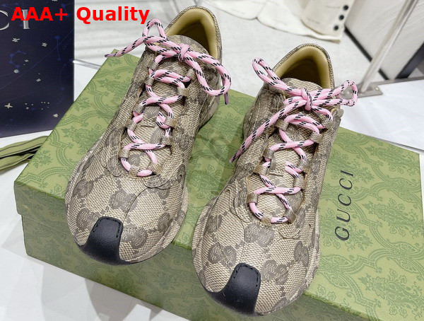 Gucci Womens Gucci Run Sneaker in Beige and Ebony Leather with GG Water Transfer Print 725612 Replica