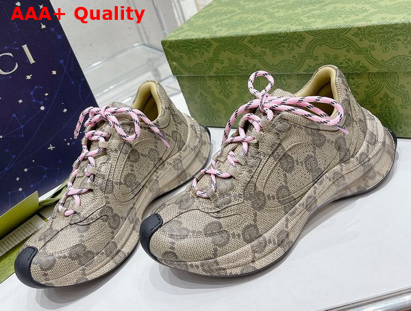 Gucci Womens Gucci Run Sneaker in Beige and Ebony Leather with GG Water Transfer Print 725612 Replica