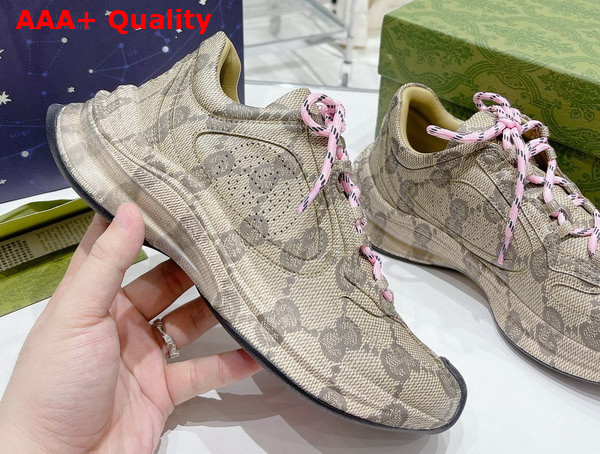 Gucci Womens Gucci Run Sneaker in Beige and Ebony Leather with GG Water Transfer Print 725612 Replica