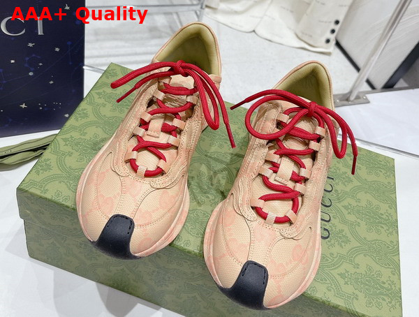 Gucci Womens Gucci Run Sneaker in Beige and Hibiscus Red Leather with GG Water Transfer Print 722619 Replica