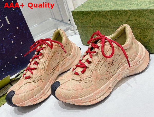 Gucci Womens Gucci Run Sneaker in Beige and Hibiscus Red Leather with GG Water Transfer Print 722619 Replica