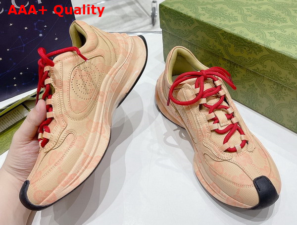 Gucci Womens Gucci Run Sneaker in Beige and Hibiscus Red Leather with GG Water Transfer Print 722619 Replica