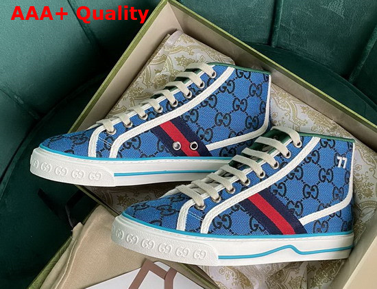 Gucci Womens Gucci Tennis 1977 GG Multicolor High Top Sneaker Light Blue and Blue Canvas 663679 Replica