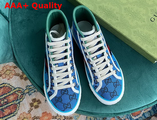 Gucci Womens Gucci Tennis 1977 GG Multicolor High Top Sneaker Light Blue and Blue Canvas 663679 Replica