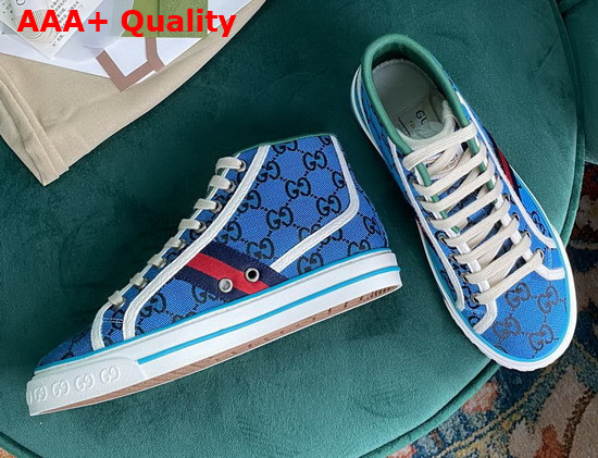 Gucci Womens Gucci Tennis 1977 GG Multicolor High Top Sneaker Light Blue and Blue Canvas 663679 Replica