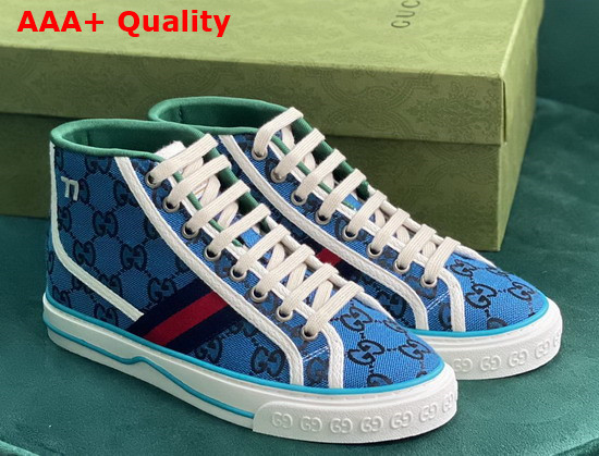 Gucci Womens Gucci Tennis 1977 GG Multicolor High Top Sneaker Light Blue and Blue Canvas 663679 Replica