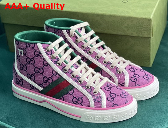 Gucci Womens Gucci Tennis 1977 GG Multicolor High Top Sneaker Pink and Blue Canvas 663679 Replica