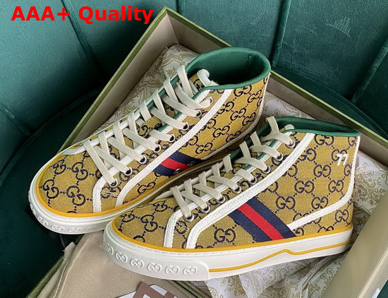 Gucci Womens Gucci Tennis 1977 GG Multicolor High Top Sneaker Yellow and Blue Canvas 663679 Replica