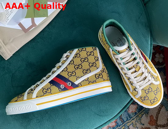 Gucci Womens Gucci Tennis 1977 GG Multicolor High Top Sneaker Yellow and Blue Canvas 663679 Replica