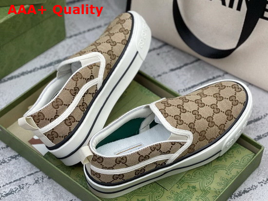 Gucci Womens Gucci Tennis 1977 Slip On Sneaker Beige and Ebony GG Canvas 624733 Replica