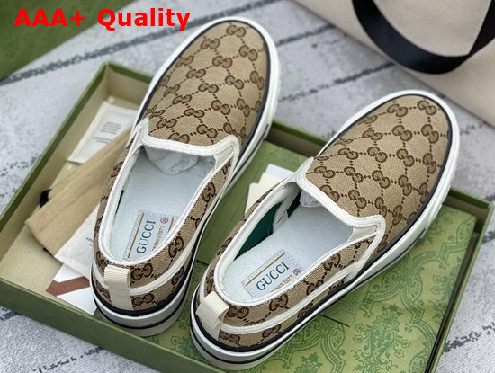 Gucci Womens Gucci Tennis 1977 Slip On Sneaker Beige and Ebony GG Canvas 624733 Replica