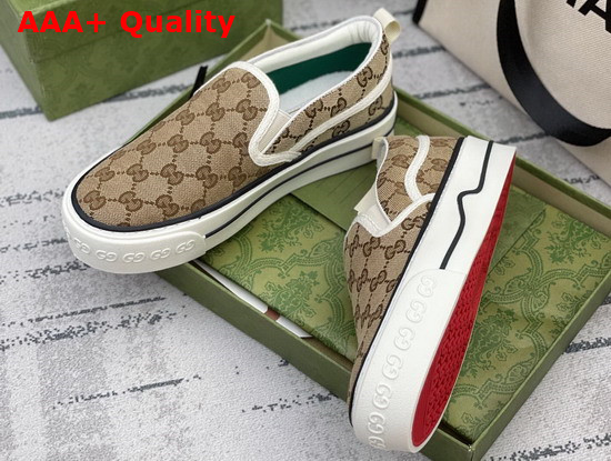 Gucci Womens Gucci Tennis 1977 Slip On Sneaker Beige and Ebony GG Canvas 624733 Replica