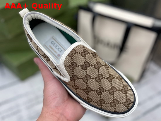 Gucci Womens Gucci Tennis 1977 Slip On Sneaker Beige and Ebony GG Canvas 624733 Replica