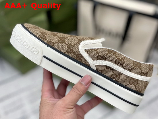 Gucci Womens Gucci Tennis 1977 Slip On Sneaker Beige and Ebony GG Canvas 624733 Replica